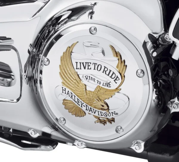 🦅 Live to Ride Derby Cover – Chrome & Gold Finish