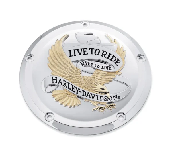 🦅 Live to Ride Derby Cover – Chrome & Gold Finish - Image 2
